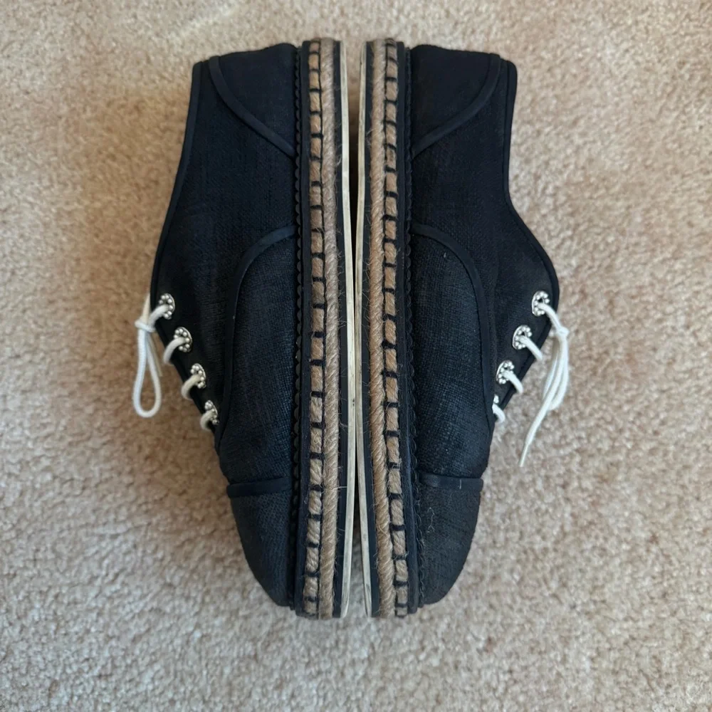 Chanel Lace Up Cotton Loafers Espadrilles 41 Black White
